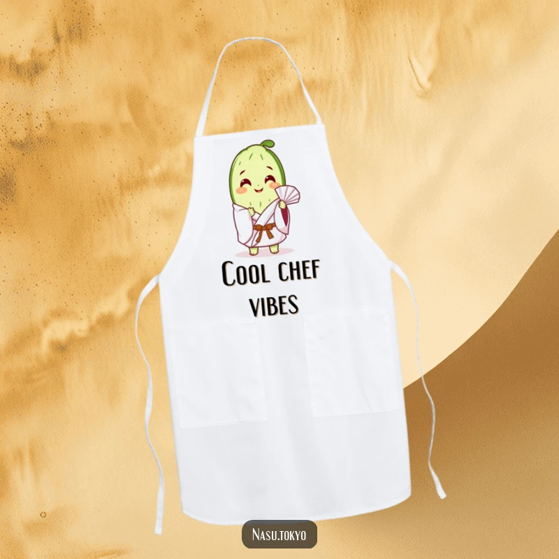 Funny cucumber slice wearing a white kimono, fanning itself gently, on a practical and humorous kitchen apron.