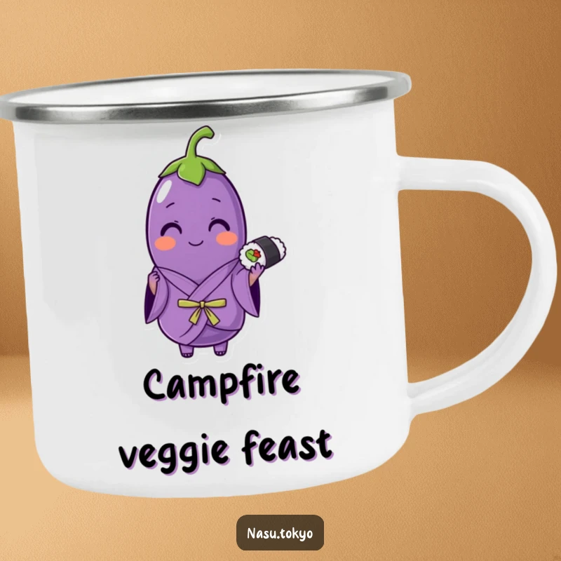 Funny eggplant in a purple kimono holding sushi, a durable and funny enamel camping mug for outdoor dining.