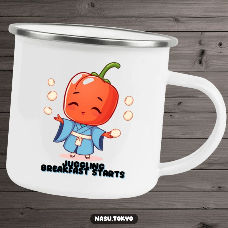 Funny red pepper in a blue kimono juggling rice balls, printed on a durable enamel camping mug for outdoor adventures.
