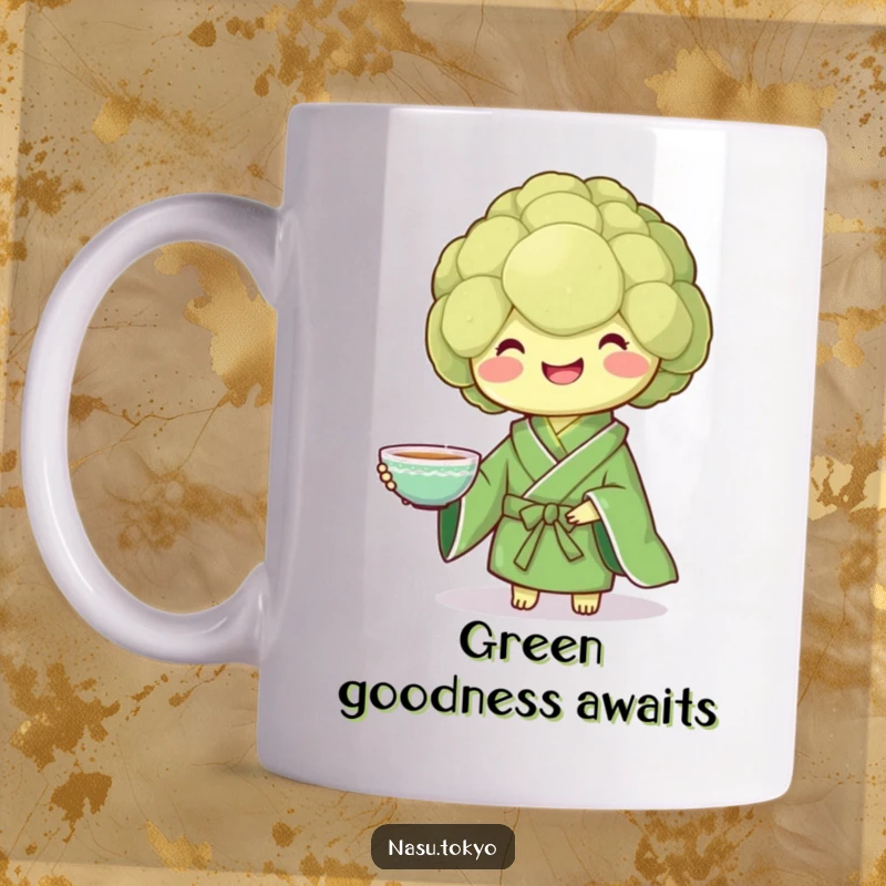 Funny smiling broccoli wearing a green kimono, presenting a delicate teacup, a cheerful and funny mug design.