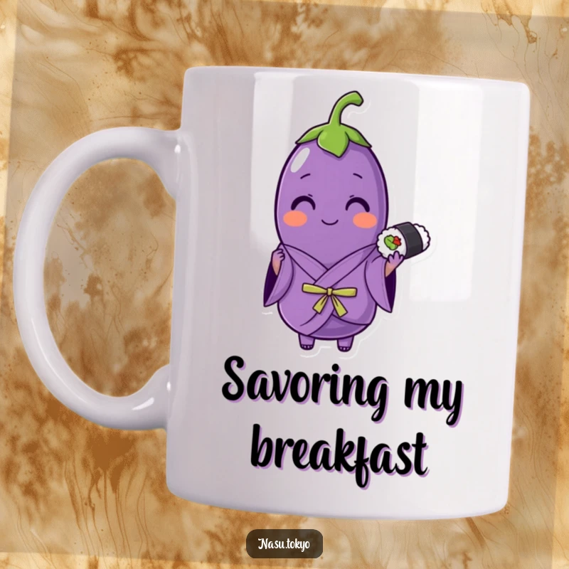 Funny cheerful eggplant wearing a purple kimono, holding a sushi roll, a humorous and culturally inspired mug.