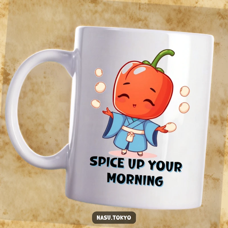 Funny red pepper in a blue kimono expertly juggling tiny rice balls on a ceramic mug, a comical culinary art piece.