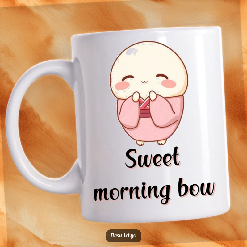 Funny round mochi wearing a pink cherry blossom kimono, bowing gracefully, a charming and funny mug design.