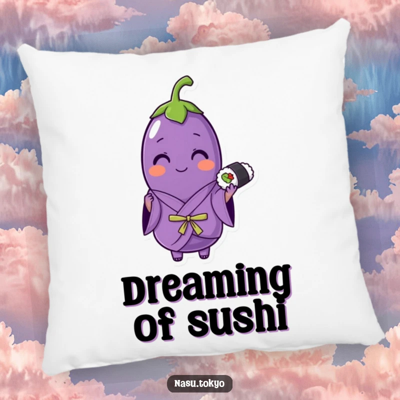Funny eggplant wearing a purple kimono holding sushi, a soft and humorous pillow for cozy, stylish spaces.