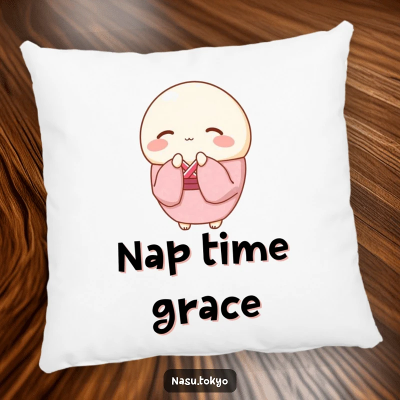 Funny round mochi in a cherry blossom kimono bowing gracefully, a soft and humorous pillow for cozy spaces.