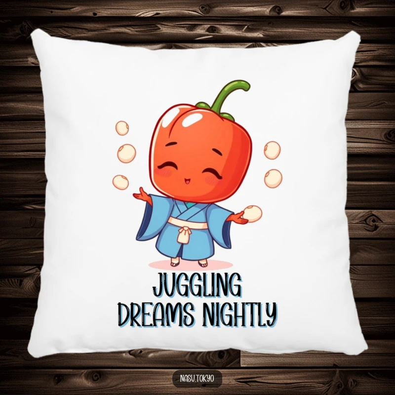 Funny and cute red pepper in a blue kimono juggling rice balls, decorating a soft and comfortable throw pillow.