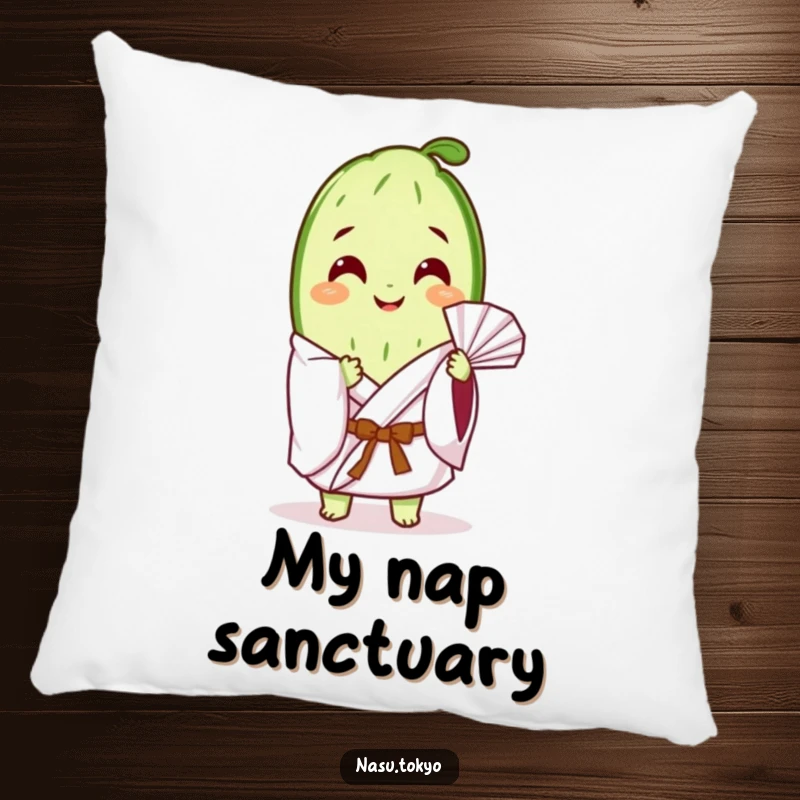 Funny and serene cucumber slice in a white kimono fanning itself, featured on a soft and comfortable throw pillow.