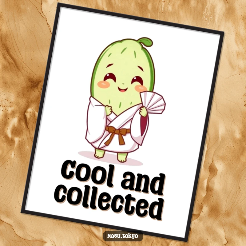 Funny digital illustration of a happy cucumber slice in a white kimono fanning itself, serene and humorous wall art.