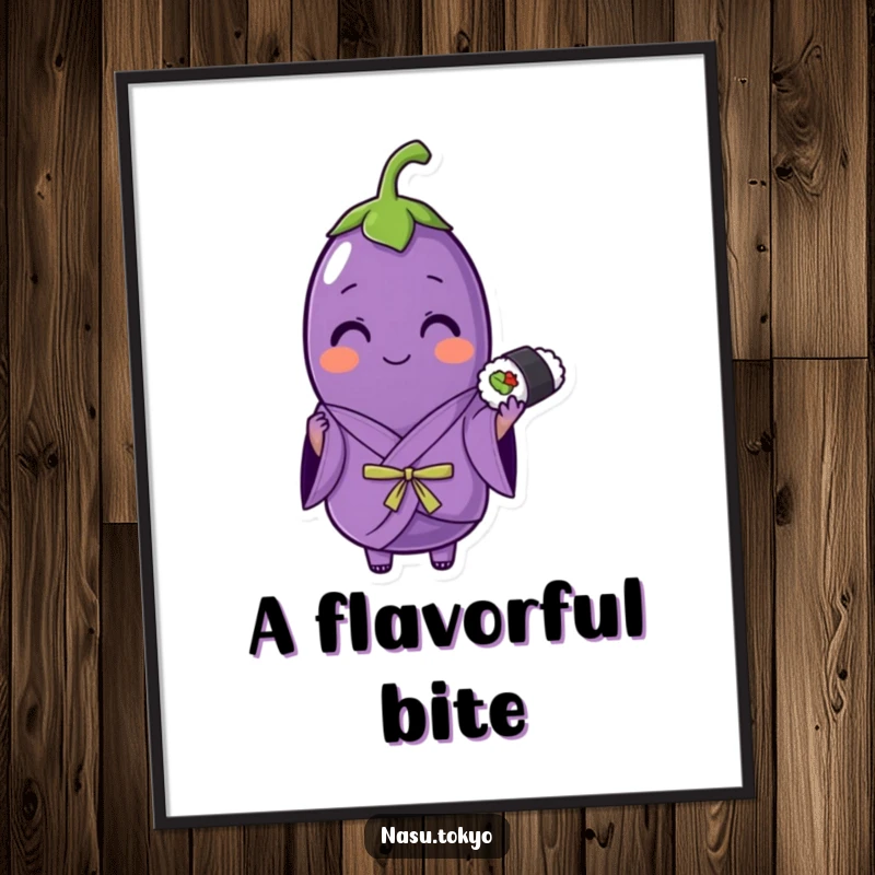 Funny cheerful eggplant in a purple kimono holding a sushi roll, a downloadable digital art print for unique decor.