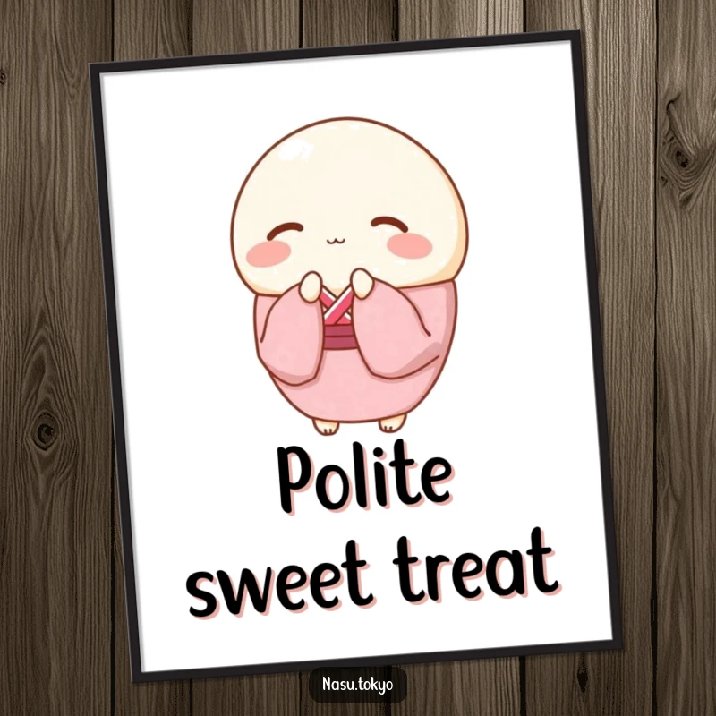 Funny round mochi in a pink cherry blossom kimono bowing gracefully, a downloadable digital art print.