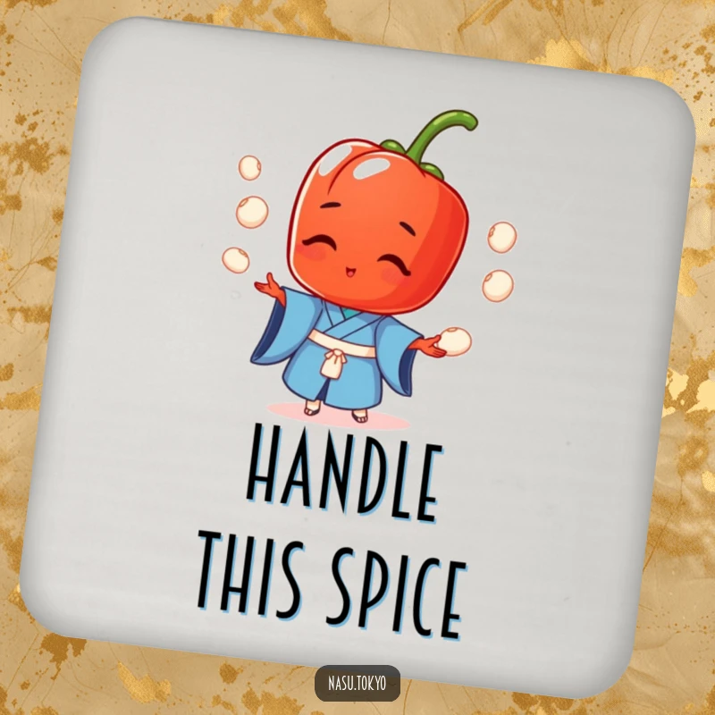Funny red pepper in a blue kimono juggling mini rice balls, serving as a protective and humorous drink coaster.