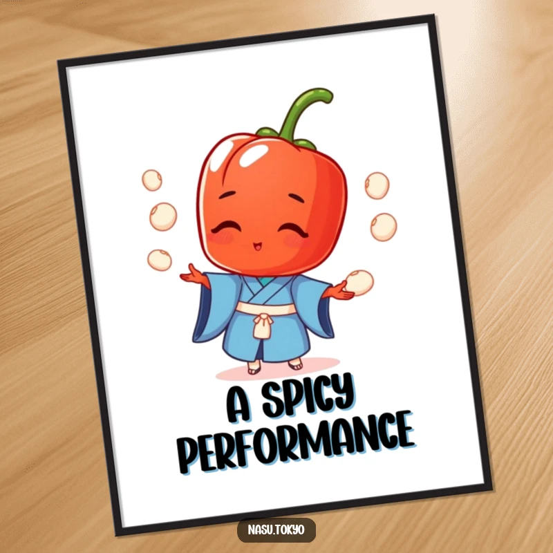 Funny, artistic illustration of a red pepper in a blue kimono expertly juggling small rice balls, perfect for wall decor.