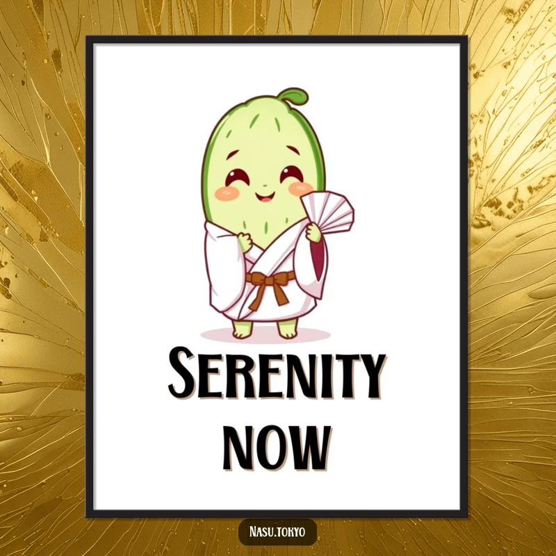 Funny illustration of a happy cucumber slice in a white kimono gently fanning itself, suitable for wall decor.