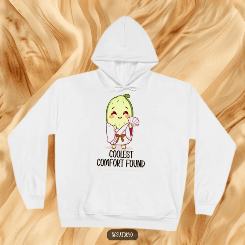 Funny happy cucumber slice in a white kimono fanning itself, printed on a warm and comfortable hoodie.