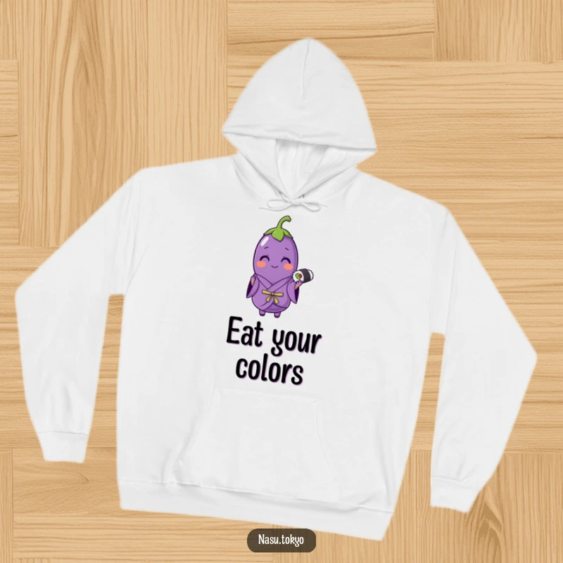 Funny eggplant in a purple kimono holding sushi, a warm and humorous hoodie for ultimate comfort and style.