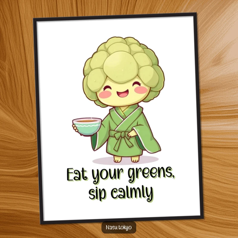 Funny Free Printable Wall Art of a smiling broccoli in a green kimono presenting a delicate teacup, promoting peace.