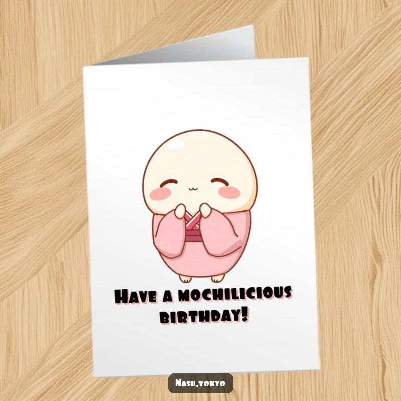 Funny Free Printable Birthday Card featuring a round mochi in a pink kimono bowing gracefully with a smile.