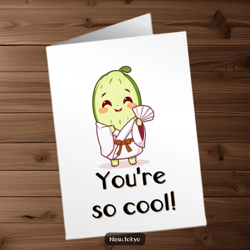 Funny Free Printable Congratulations Card: A content cucumber slice in a white kimono gracefully fans itself, embodying calm celebration.