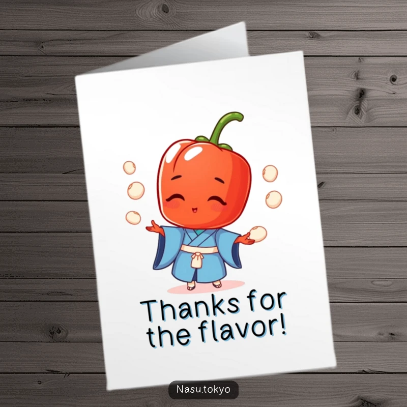 Funny Free Printable Thank You Card: A dynamic red pepper in a blue kimono juggles rice balls, showing enthusiastic gratitude.