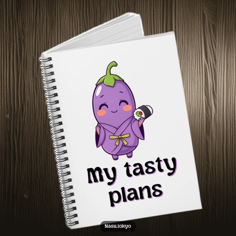 Funny eggplant wearing a purple kimono holding sushi, a stylish and funny notebook for culinary notes.