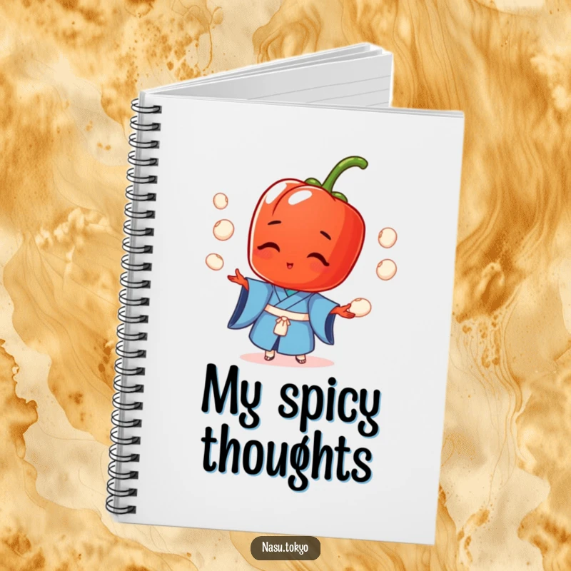 Funny red pepper in a blue kimono juggling rice balls, gracing the cover of a lined notebook for all your writing needs.