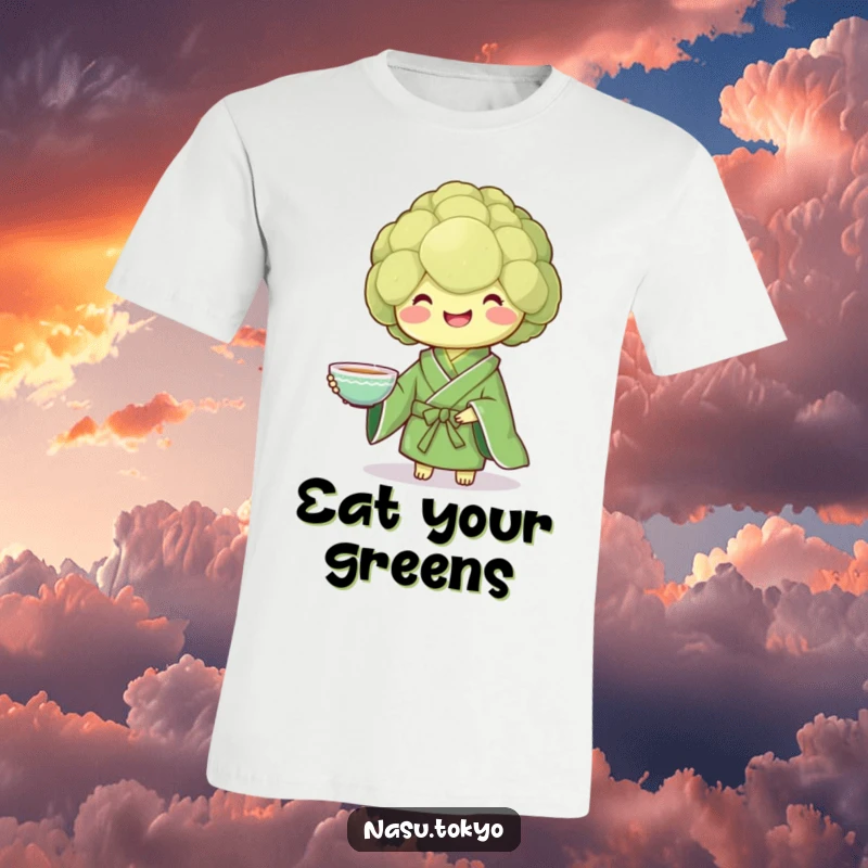 Funny broccoli wearing a green kimono presenting a teacup, a healthy and humorous t-shirt.