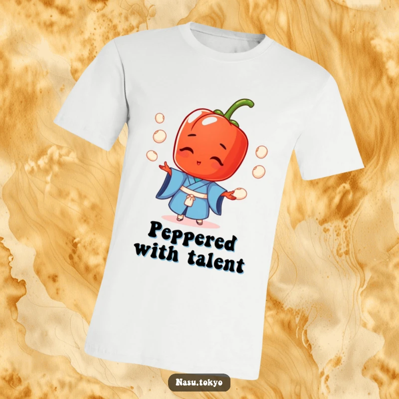 Funny vibrant red pepper wearing a blue kimono, skillfully juggling miniature rice balls, printed on a comfortable cotton t-shirt.