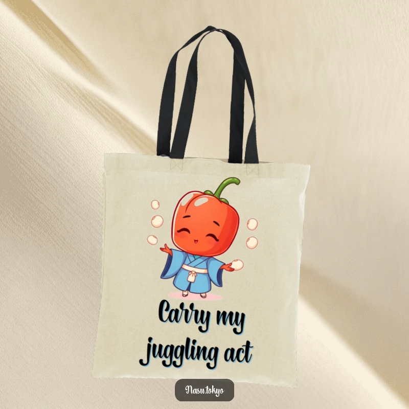 Funny red pepper in a blue kimono performing a juggling act with tiny rice balls, printed on a durable and stylish tote bag.