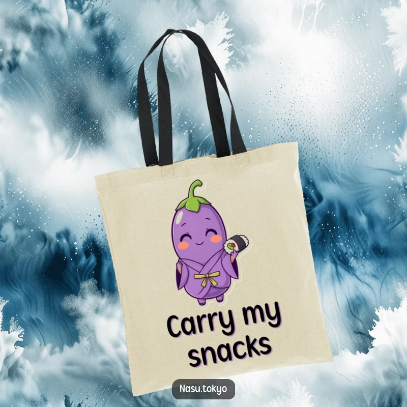 Funny eggplant wearing a purple kimono holding sushi, a fashionable and funny tote bag for stylish errands.