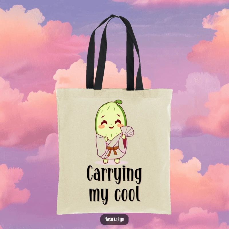 Funny happy cucumber slice in a white kimono fanning itself, printed on a durable and fashionable tote bag.